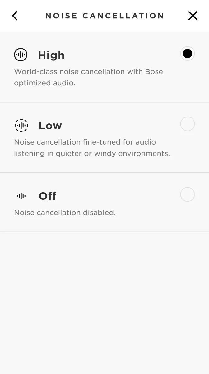 Bose Connect app noise cancellation screen